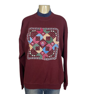 Vintage Endless Designs Mock Neck Sweatshirt Large Red Quilt Floral USA Grandma